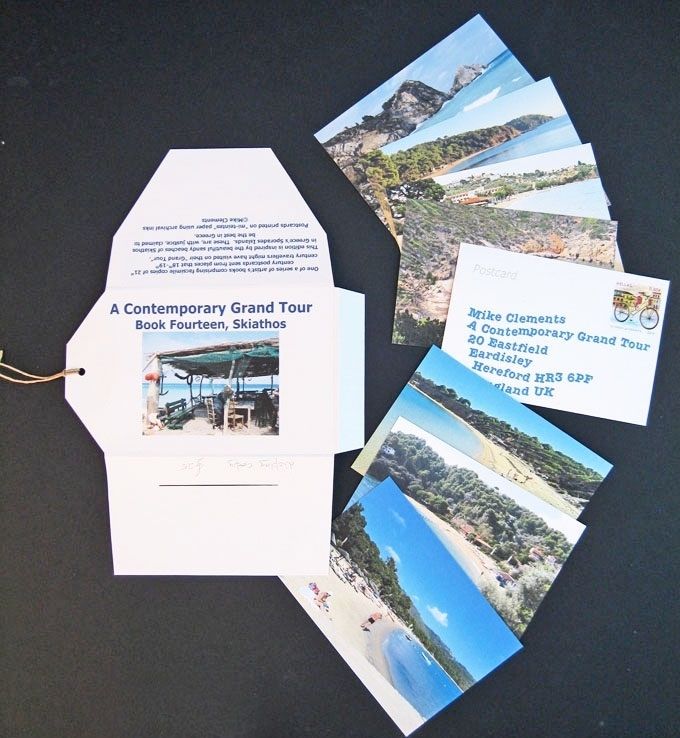 A Contemporary Grand Tour, book XIV, Skiathos
This edition is inspired by the beautiful sandy beaches of Skiathos in Greece's Sporades Islands, claimed to be the best in Greece.
Postcards on Southbank 250gsm, 
sleeve from mi-teintes 160gsm.
18.7 x 11.1cm
£30
