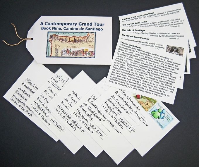 A Contemporary Grand Tour, book IX, Camino de Santiago
Postcards with tales from the pilgrimage to Santiago de Compostela, garnered from over 1000yrs of story telling on the route.
Digitally printed on Simili Japon 225gsm & mi-teintes 160gsm paper.
18.5cm x 11cm
£30.00 
