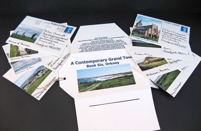 A Contemporary Grand Tour, book VIII, Orkney
Eight postcards with photographs of the artist posting each of the cards combined with thumbnail photos of Orkney sights.
Digital print on mi-teintes 160gsm card using archival inks.
18.5 x 11.0cm
£30
