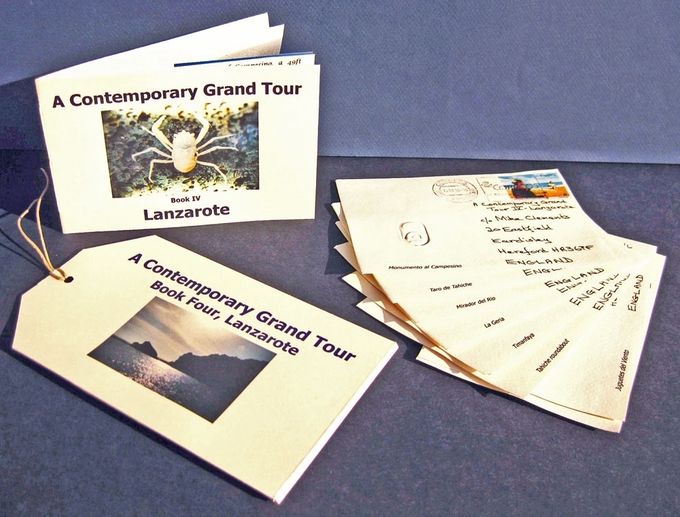 A Contemporary Grand Tour, book IV, Lanzarote
This edition documents eight places in Lanzarote through original blind embossed prints of ring-pulls from drinks’ cans picked up at the relevant location. There is also a booklet with more conventional “tourist” information on these places.
Embossed postcards & 