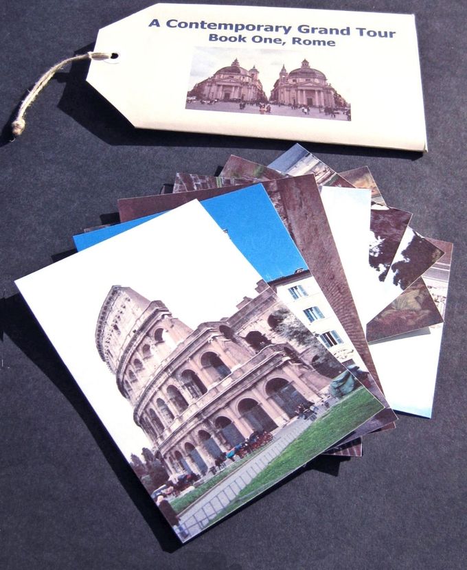 A Contemporary Grand Tour, book I, Rome
Eight original postcards sent by the artist from Rome to eight book artists attending a workshop at the Sidney Nolan Trust on 6 June 2008.  Subsequently compiled into an artist’s book in the format of a “luggage tag” sleeve.
18.0 x 10.6cm
£30
