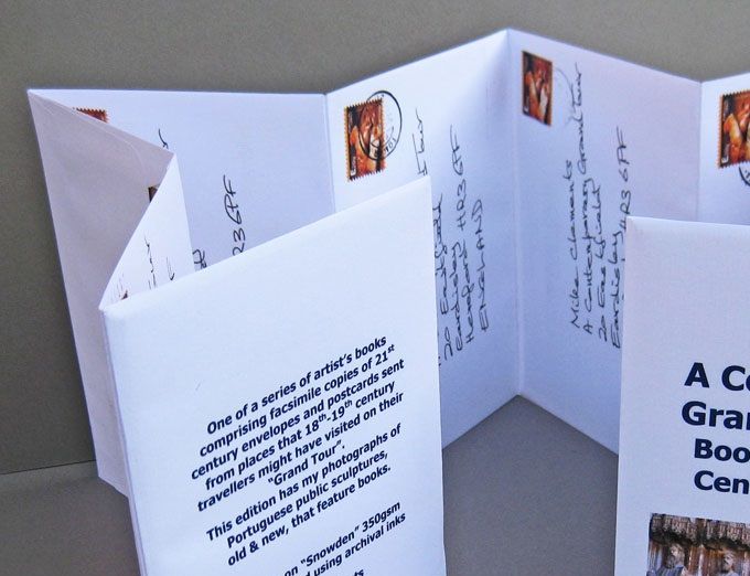 A Contemporary Grand Tour – book XVII, Porto and Central Portugal
Facsimile copies of eight envelopes posted from eight different post boxes in Porto, the Douro Valley and Central Portugal.  The envelopes have the artist’s address plus postage stamps.  
Inside the eight envelopes are unused postcards with my photographs of Portuguese public sculpture, old & new, featuring books.  Such “book” sculptures are common in Portugal, in contrast to the UK.  Is Portugal more literary or “booky” than the UK?
Volume 17 in the “Contemporary Grand Tour” series uses the “linked envelope” structure first unveiled in Volume 16 – Lanzarote2017”.
£35
