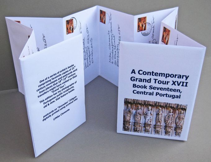 A Contemporary Grand Tour – book XVII, Porto and Central Portugal
Facsimile copies of eight envelopes posted from eight different post boxes in Porto, the Douro Valley and Central Portugal.  The envelopes have the artist’s address plus postage stamps.  
Inside the eight envelopes are unused postcards with my photographs of Portuguese public sculpture, old & new, featuring books.  Such “book” sculptures are common in Portugal, in contrast to the UK.  Is Portugal more literary or “booky” than the UK?
Volume 17 in the “Contemporary Grand Tour” series uses the “linked envelope” structure first unveiled in Volume 16 – Lanzarote2017”.
£35
